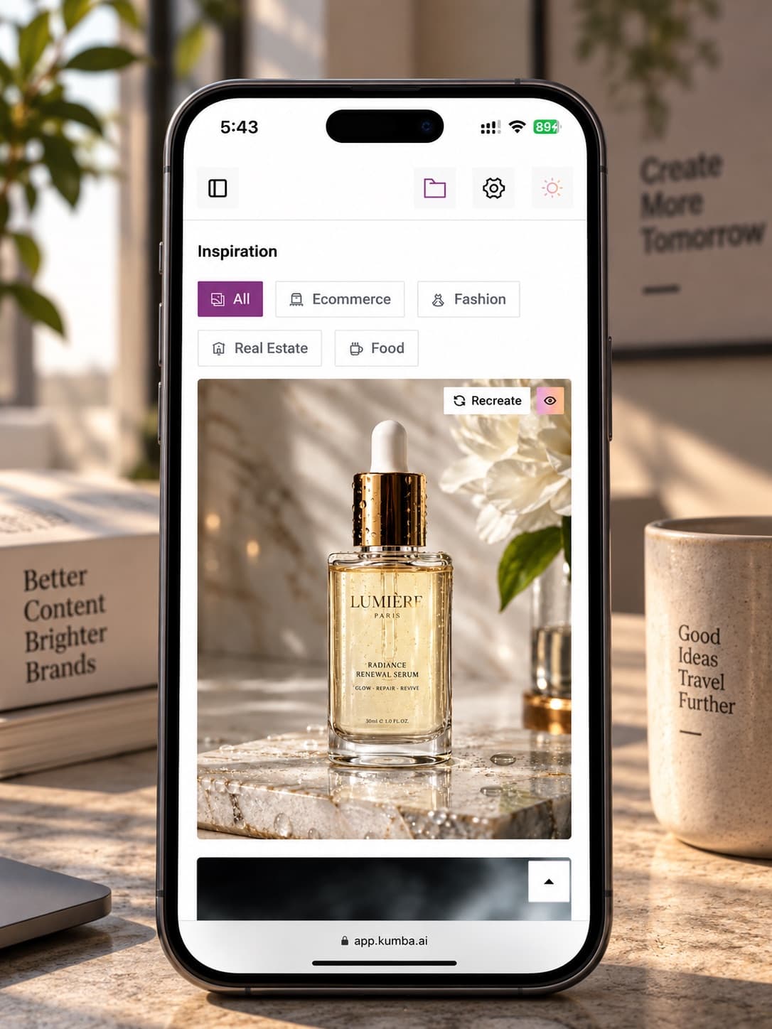 Kumba on mobile: inspiration feed