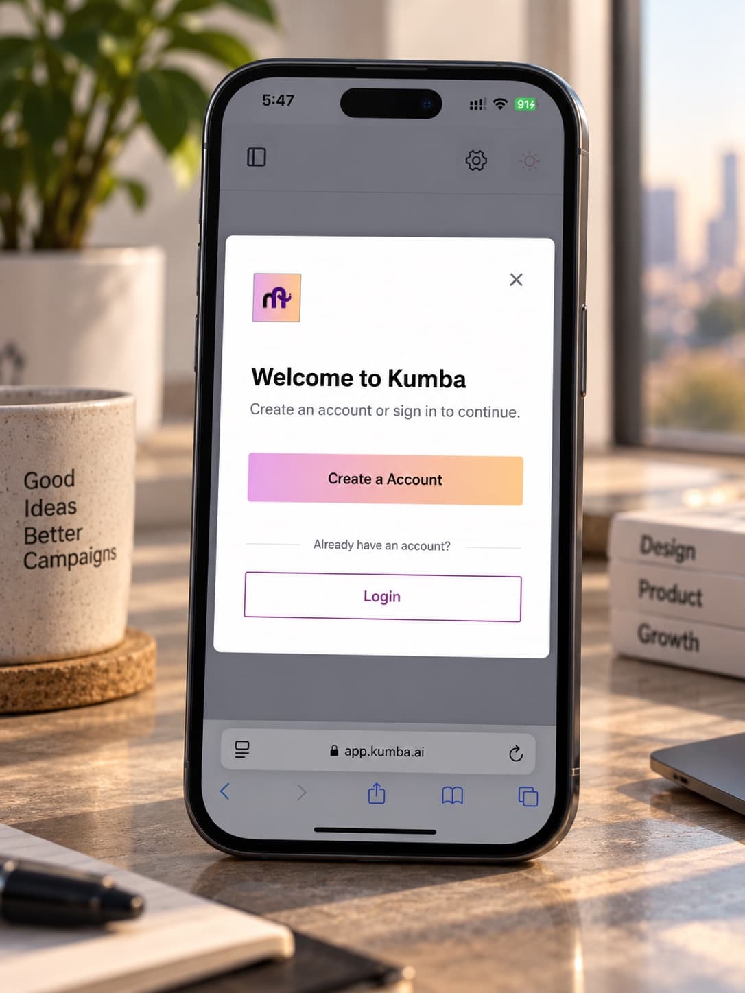 Kumba on mobile: welcome screen
