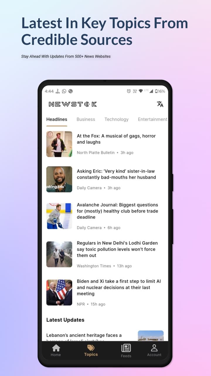 Topics: headlines, business, technology and more from 500+ sources
