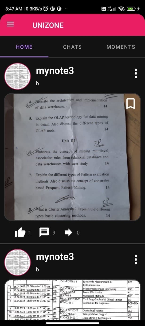 Home feed with posts, likes and comments