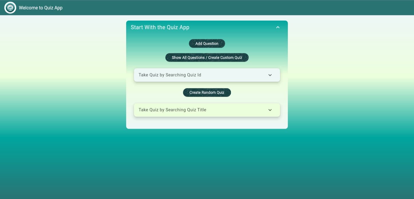 Home: add questions, browse them, or create and take a quiz